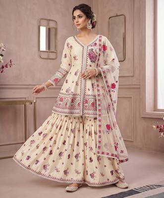 Designer wedding wear cream crepe silk printed embroidery peplum sharara set 1
