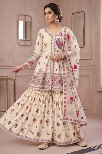 Designer wedding wear cream crepe silk printed embroidery peplum sharara set