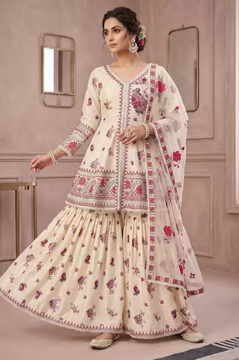 Designer wedding wear cream crepe silk printed embroidery peplum sharara set