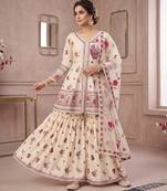 Designer wedding wear cream crepe silk printed embroidery peplum sharara set