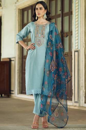 Floral embroidered viscose rayon round neck kurta trouser & dupatta