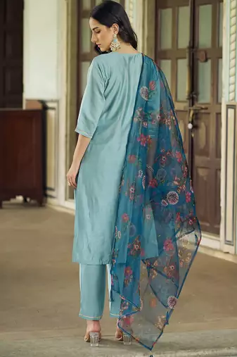 Floral embroidered viscose rayon round neck kurta trouser & dupatta