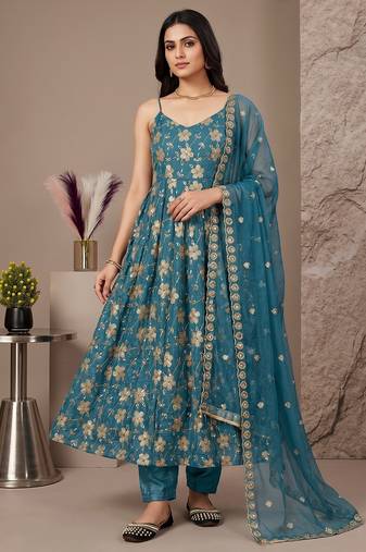 Teal blue heavy silk anarkali gown with beads hand work
