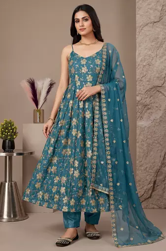 Teal blue heavy silk anarkali gown with beads hand work