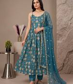 Teal blue heavy silk anarkali gown with beads hand work