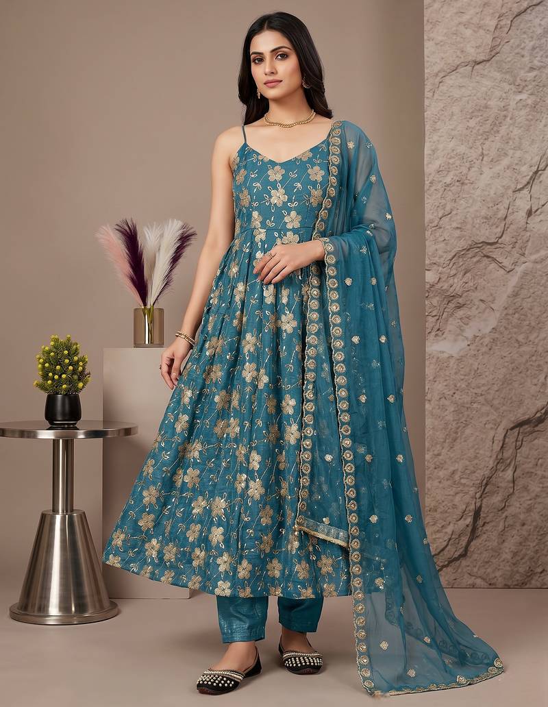 Teal blue heavy silk anarkali gown with beads hand work