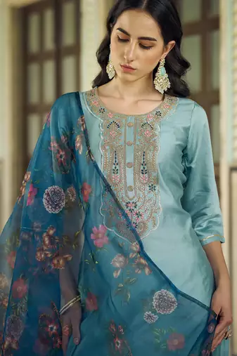 Floral embroidered viscose rayon round neck kurta trouser & dupatta