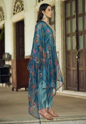 Floral embroidered viscose rayon round neck kurta trouser & dupatta 4