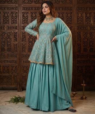 Aqua blue fandy silk 5mm sequence embroidery kediyu lehenga with georgette lace border work dupatta 1