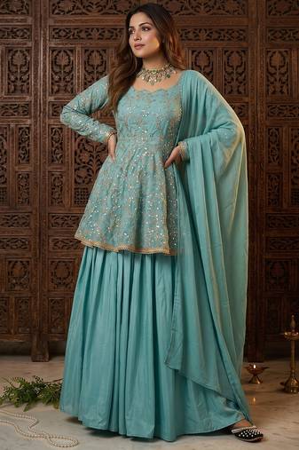 Aqua blue fandy silk 5mm sequence embroidery kediyu lehenga with georgette lace border work dupatta