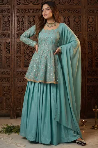 Aqua blue fandy silk 5mm sequence embroidery kediyu lehenga with georgette lace border work dupatta