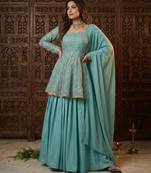 Aqua blue fandy silk 5mm sequence embroidery kediyu lehenga with georgette lace border work dupatta