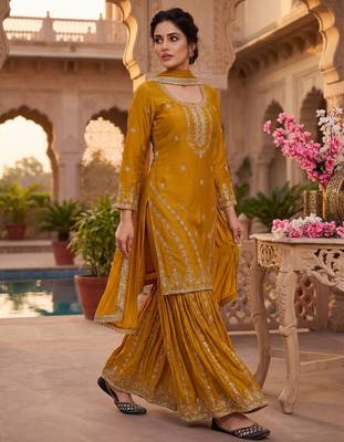 Mustard yellow embroidered kurta sharara set with dupatta for women 2