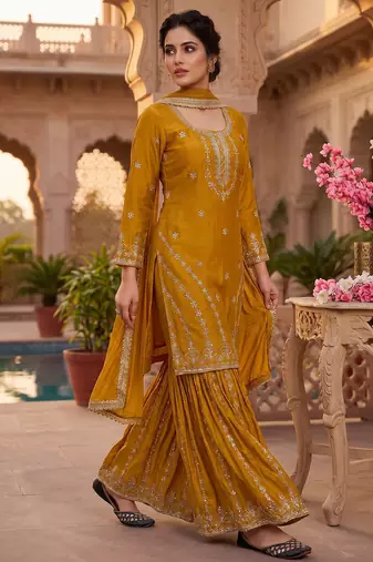 Mustard yellow embroidered kurta sharara set with dupatta for women