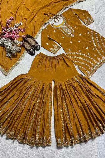 Mustard yellow embroidered kurta sharara set with dupatta for women