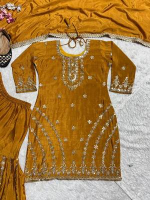 Mustard yellow embroidered kurta sharara set with dupatta for women 4