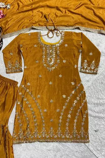 Mustard yellow embroidered kurta sharara set with dupatta for women