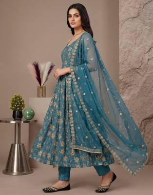 Teal blue heavy silk anarkali gown with beads hand work 2