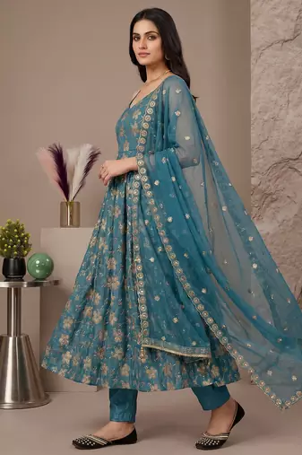 Teal blue heavy silk anarkali gown with beads hand work