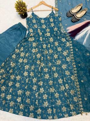 Teal blue heavy silk anarkali gown with beads hand work 3