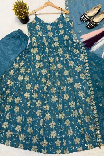 Teal blue heavy silk anarkali gown with beads hand work