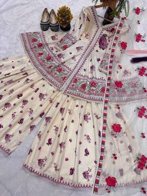 Designer wedding wear cream crepe silk printed embroidery peplum sharara set 3
