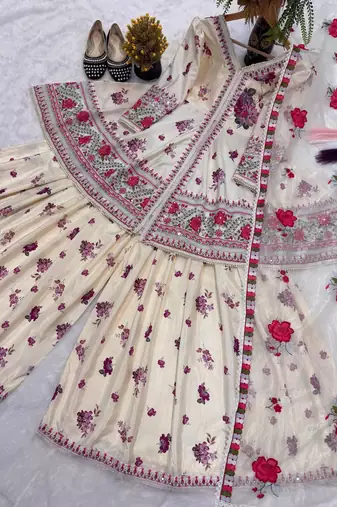 Designer wedding wear cream crepe silk printed embroidery peplum sharara set