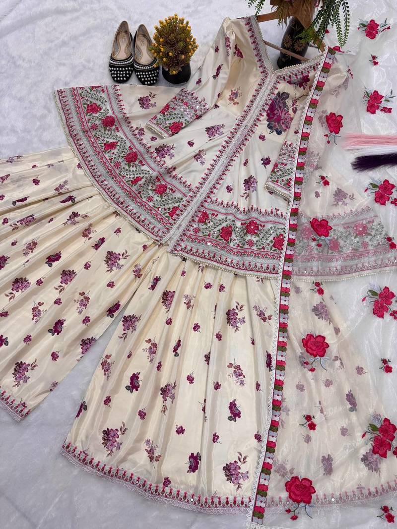 Designer wedding wear cream crepe silk printed embroidery peplum sharara set