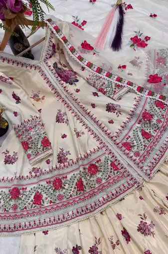 Designer wedding wear cream crepe silk printed embroidery peplum sharara set
