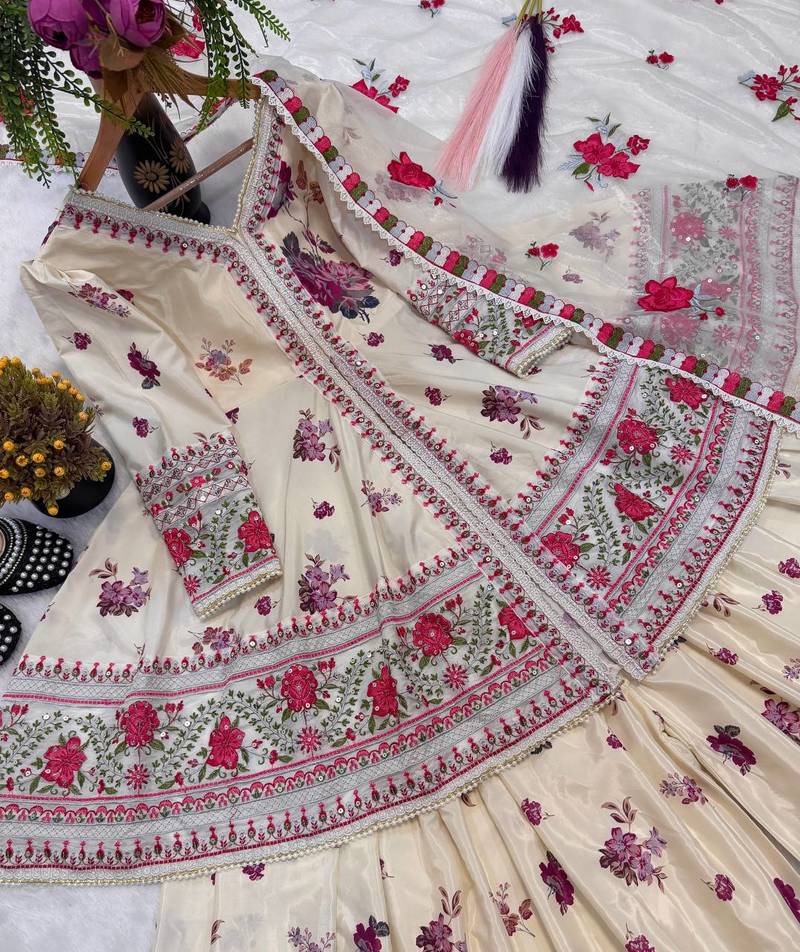 Designer wedding wear cream crepe silk printed embroidery peplum sharara set