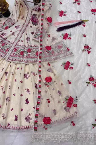 Designer wedding wear cream crepe silk printed embroidery peplum sharara set