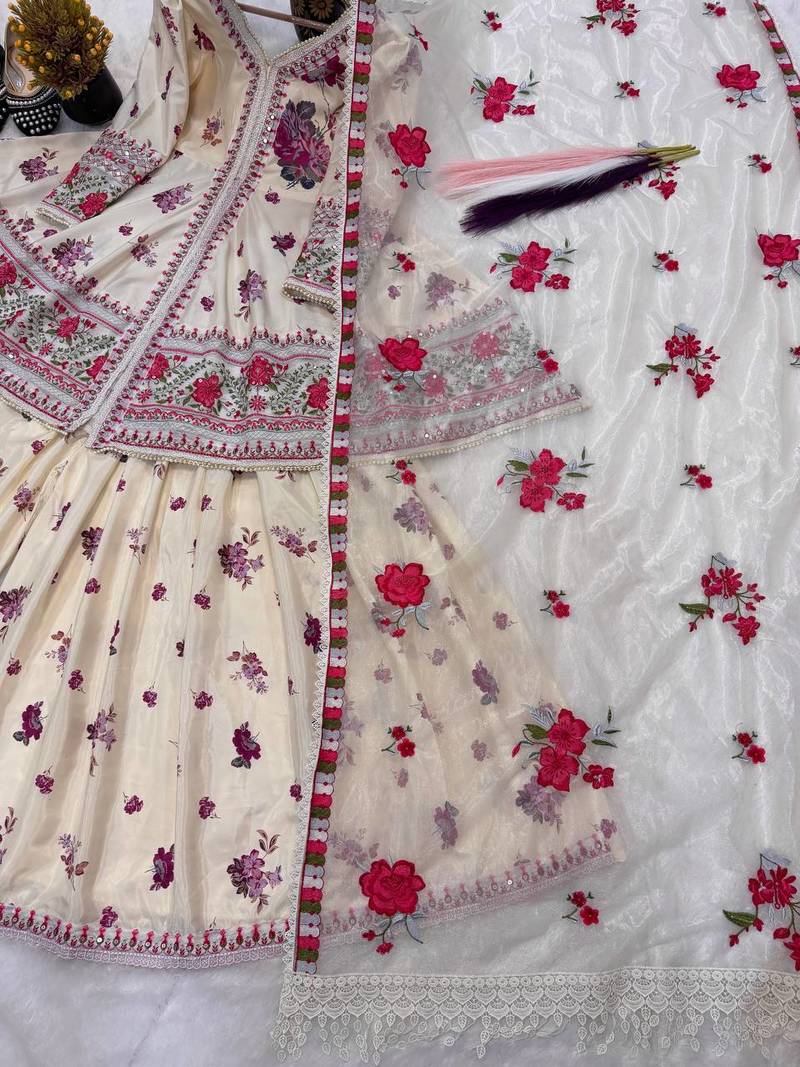 Designer wedding wear cream crepe silk printed embroidery peplum sharara set