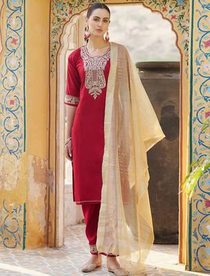 Floral embroidered viscose rayon round neck kurta trouser & dupatta 1