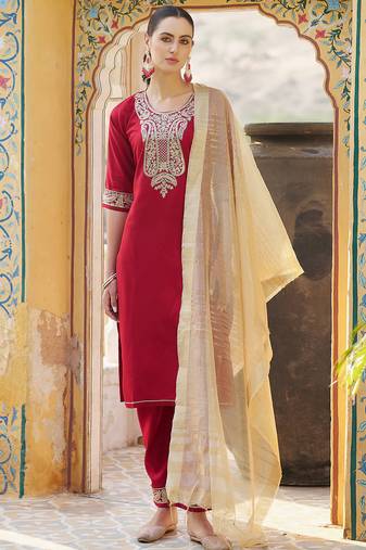 Floral embroidered viscose rayon round neck kurta trouser & dupatta