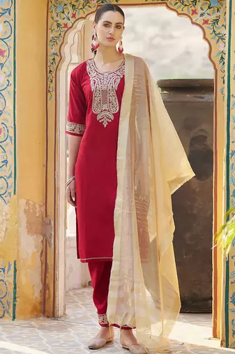 Floral embroidered viscose rayon round neck kurta trouser & dupatta