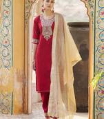 Floral embroidered viscose rayon round neck kurta trouser & dupatta