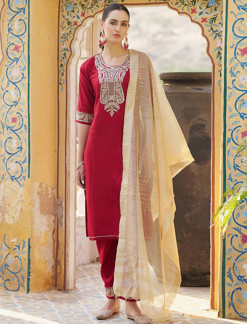 Floral embroidered viscose rayon round neck kurta trouser & dupatta