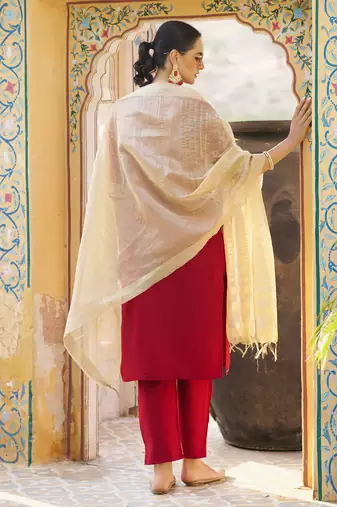 Floral embroidered viscose rayon round neck kurta trouser & dupatta