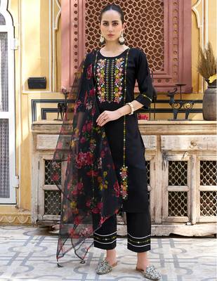 Floral embroidered viscose rayon round neck kurta trouser & dupatta 1