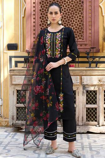 Floral embroidered viscose rayon round neck kurta trouser & dupatta