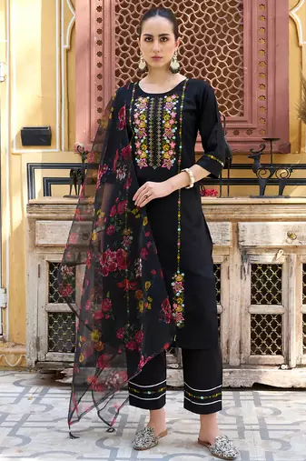 Floral embroidered viscose rayon round neck kurta trouser & dupatta