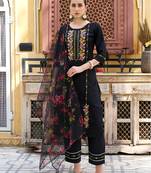 Floral embroidered viscose rayon round neck kurta trouser & dupatta
