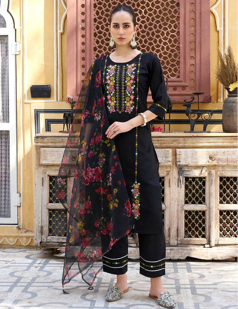 Floral embroidered viscose rayon round neck kurta trouser & dupatta