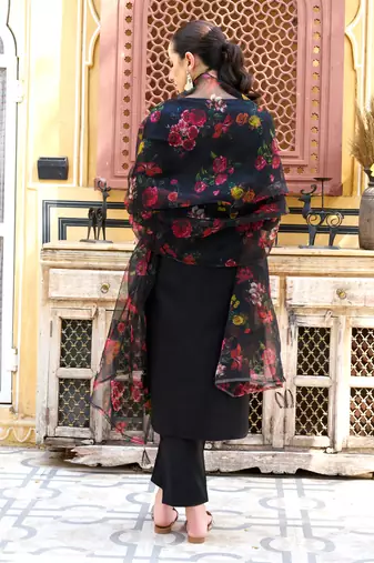 Floral embroidered viscose rayon round neck kurta trouser & dupatta