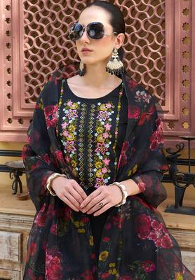 Floral embroidered viscose rayon round neck kurta trouser & dupatta 3