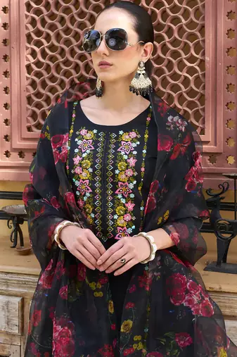 Floral embroidered viscose rayon round neck kurta trouser & dupatta