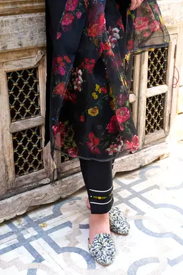 Floral embroidered viscose rayon round neck kurta trouser & dupatta 4