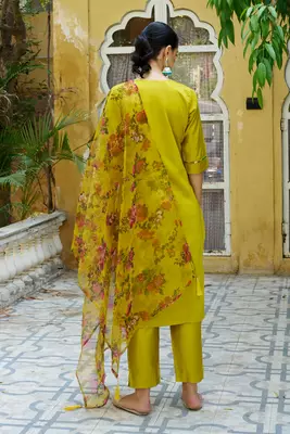 Floral embroidered viscose rayon round neck kurta trouser & dupatta 2