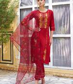Floral embroidered viscose rayon round neck kurta trouser & dupatta