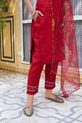 Floral embroidered viscose rayon round neck kurta trouser & dupatta 4